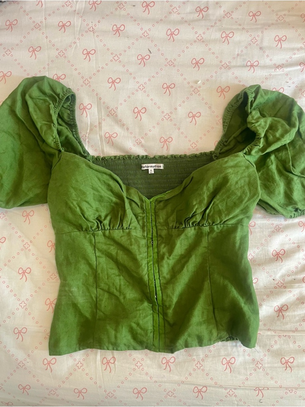 Reformation Kelly Green Puff Sleeve Linen Top